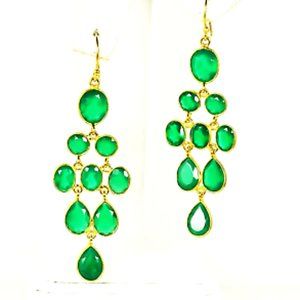PHILLIP GARVIEL Sterling Silver Gold Plated Green Onyx Chandelier Earrings